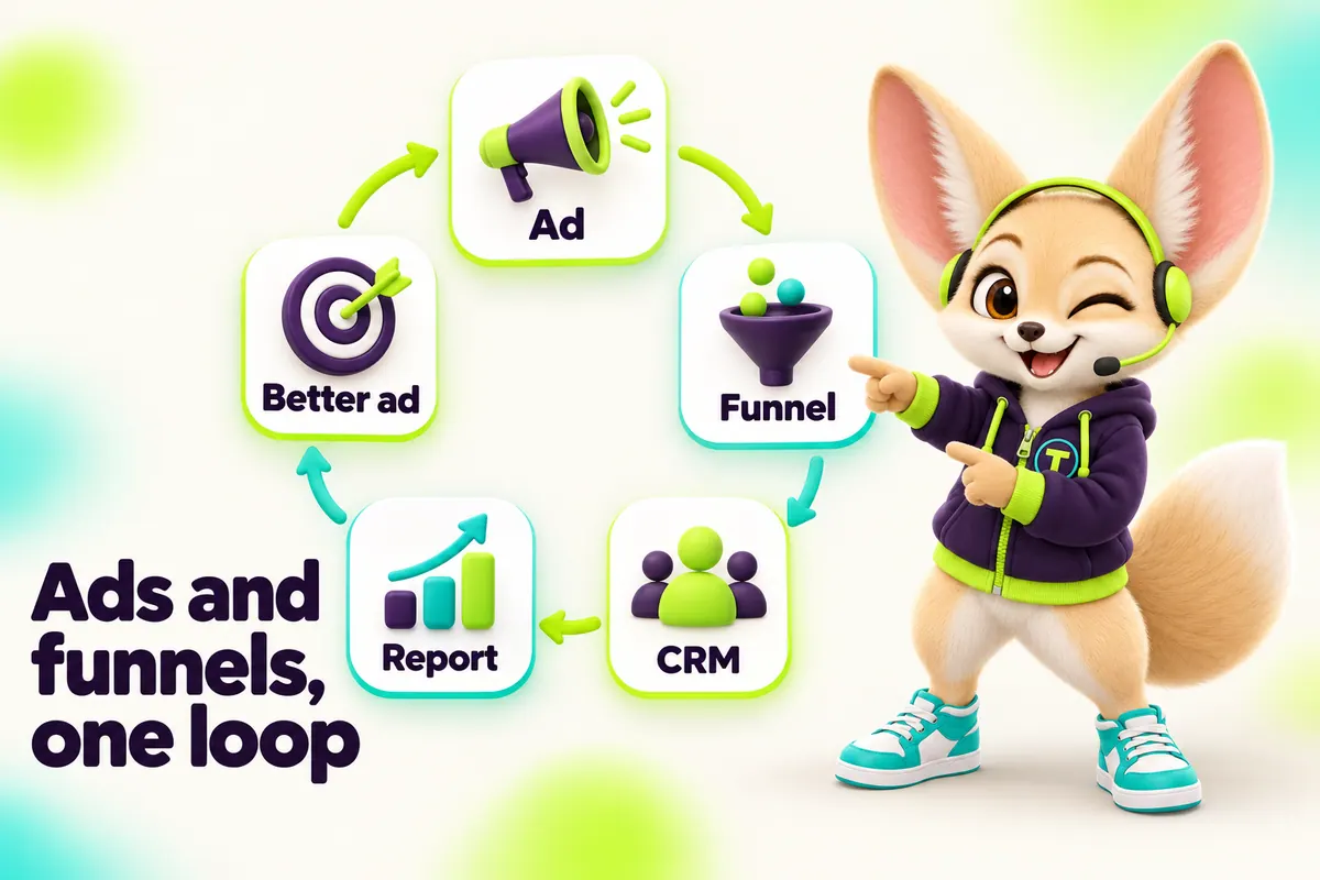Infographic with Tenzo the fennec fox: Ads and funnels, one loop — Ad, Funnel, CRM, Report, Better ad