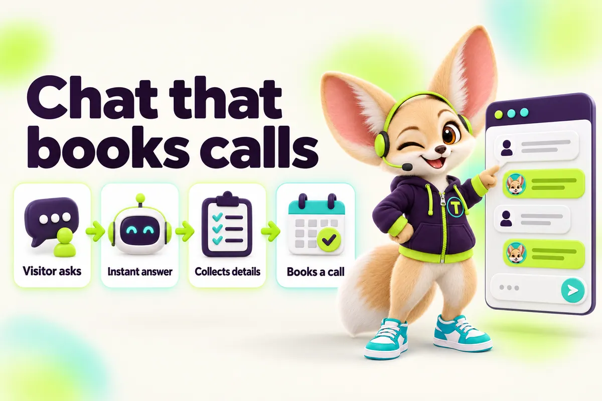 Infographic with Tenzo the fennec fox: Chat that books calls — Visitor asks, Instant answer, Collects details, Books a call