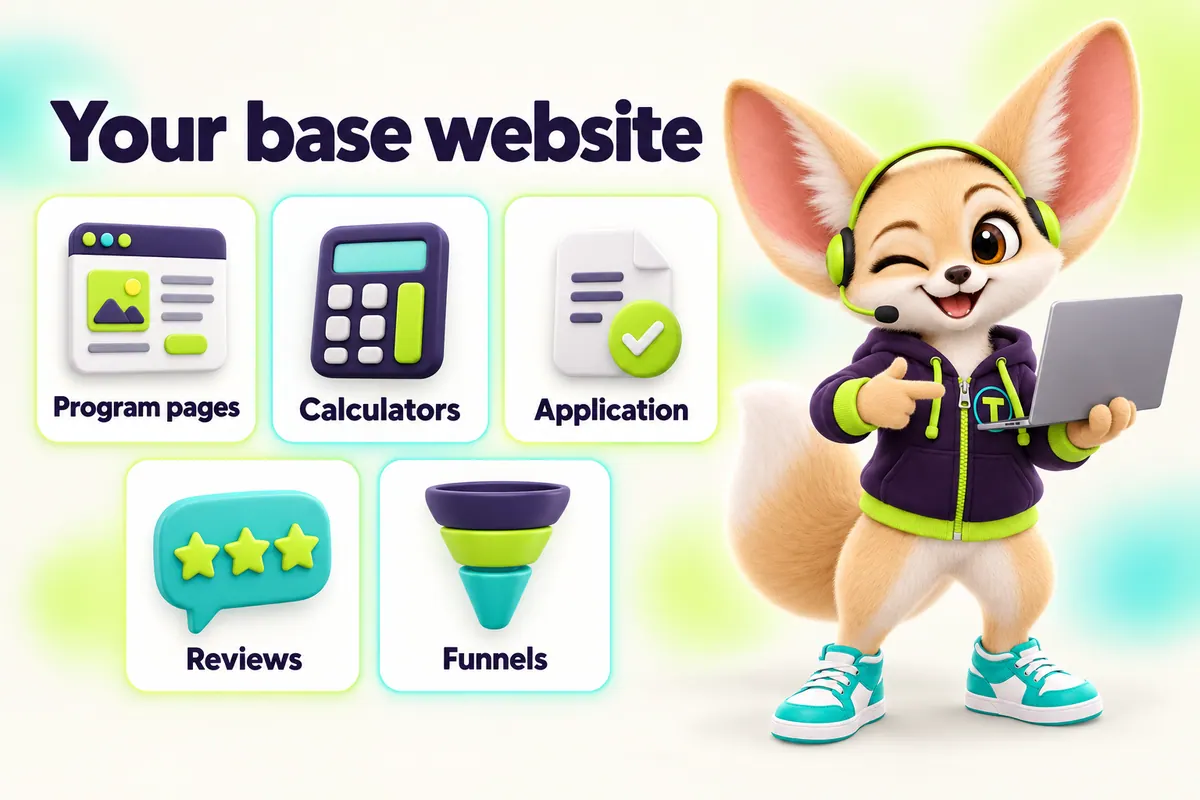 Infographic with Tenzo the fennec fox: Your base website — Program pages, Calculators, Application, Reviews, Funnels