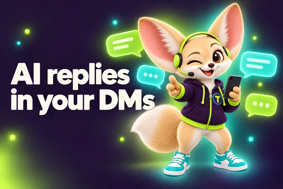 Blog cover: Tenzo the fennec fox surrounded by chat bubbles — AI replies in your DMs