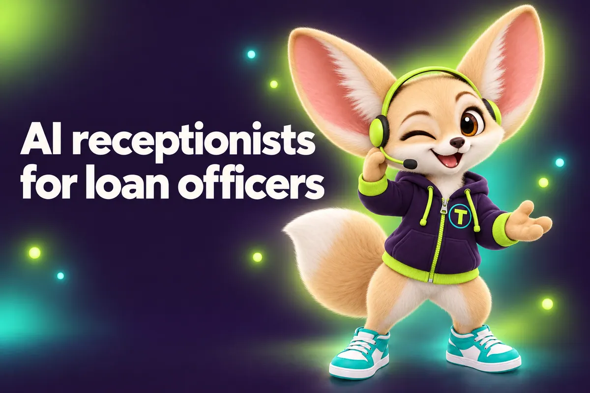 Blog cover: Tenzo the fennec fox answering a call on a headset — AI receptionists for loan officers