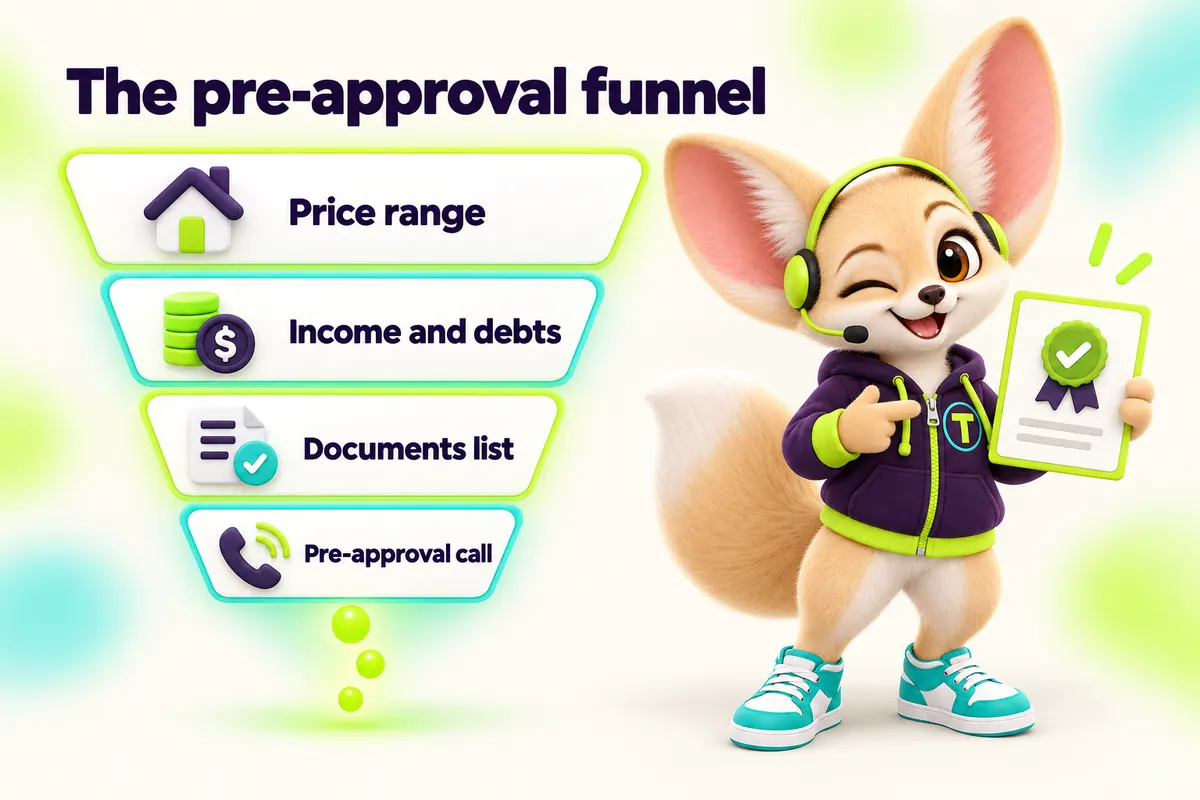 Infographic with Tenzo the fennec fox: The pre-approval funnel — Price range, Income and debts, Documents list, Pre-approval call