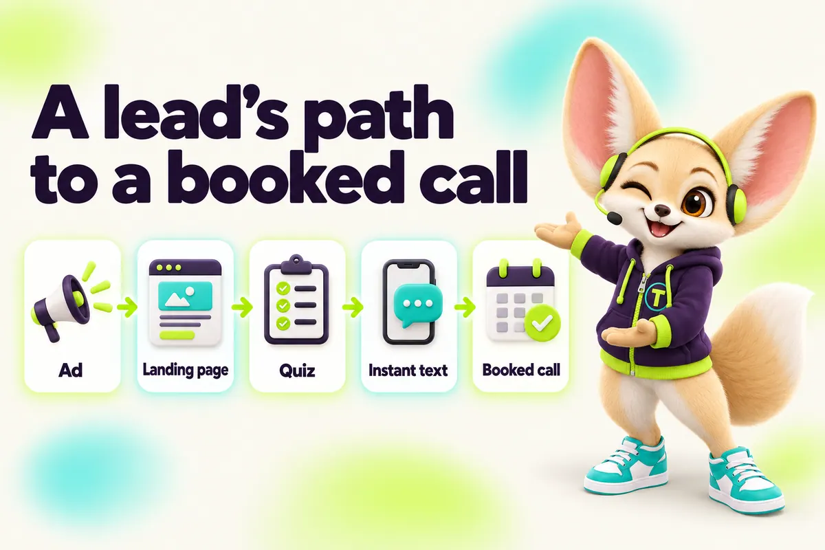 Infographic with Tenzo the fennec fox: A lead's path to a booked call — Ad, Landing page, Quiz, Instant text, Booked call