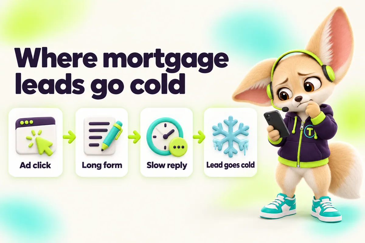 Infographic with Tenzo the fennec fox: Where mortgage leads go cold — Ad click, Long form, Slow reply, Lead goes cold