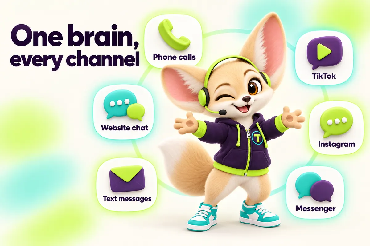 Infographic with Tenzo the fennec fox: One brain, every channel — Phone calls, Website chat, Text messages, Messenger, Instagram, TikTok