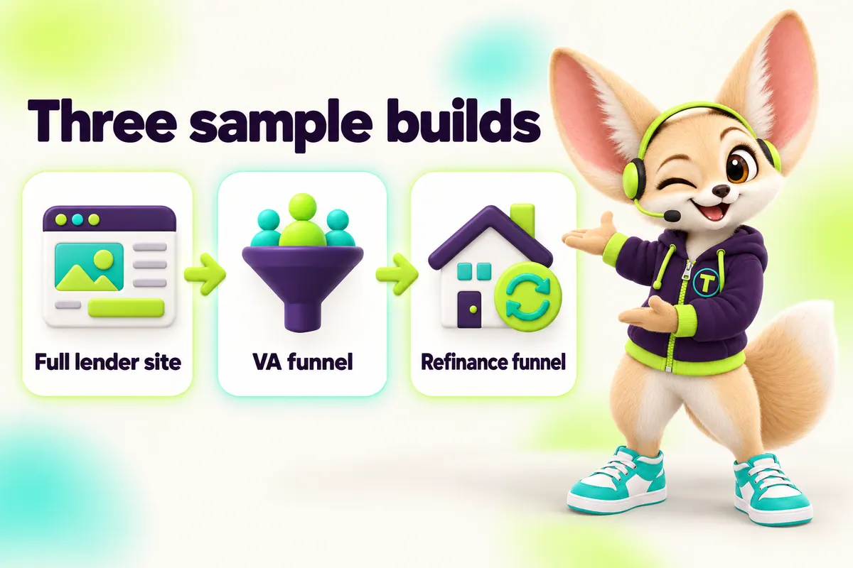 Infographic with Tenzo the fennec fox: Three sample builds — Full lender site, VA funnel, Refinance funnel