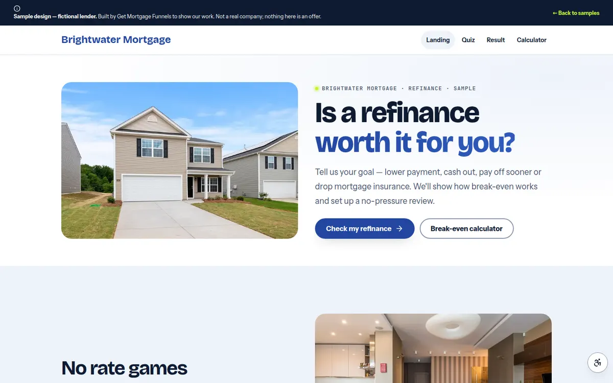 Screenshot of the Brightwater Mortgage — refinance funnel sample (fictional lender)