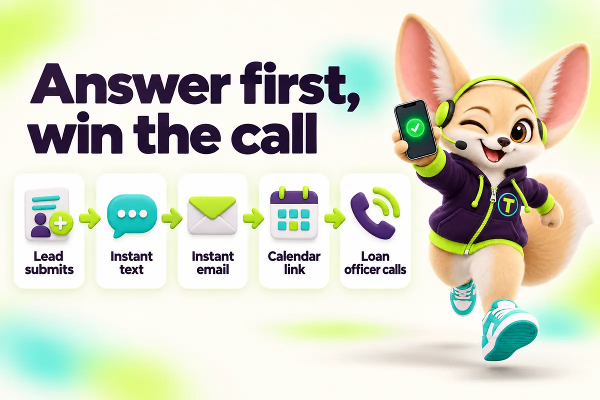 Infographic with Tenzo the fennec fox: Answer first, win the call — Lead submits, Instant text, Instant email, Calendar link, Loan officer calls