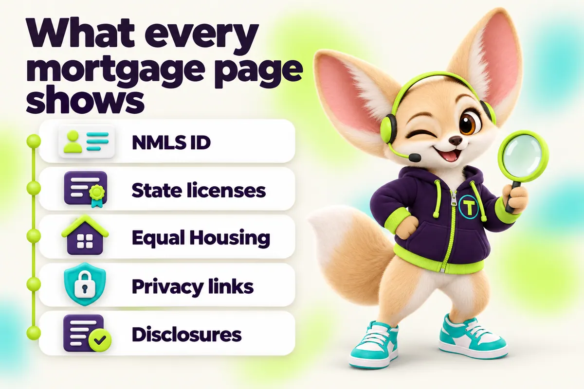 Infographic with Tenzo the fennec fox: What every mortgage page shows — NMLS ID, State licenses, Equal Housing, Privacy links, Disclosures